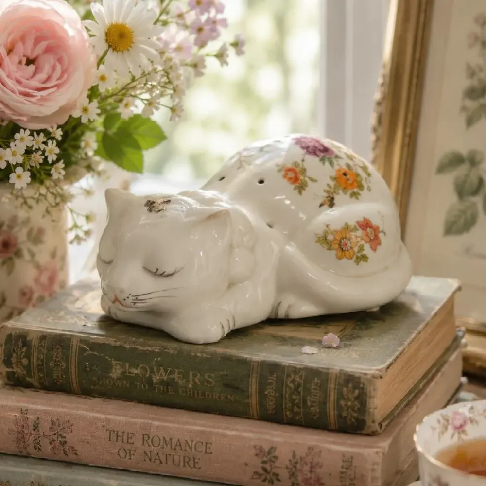 Vintage East Wind San Francisco Sleeping Cat Potpourri Floral Porcelain Figurine